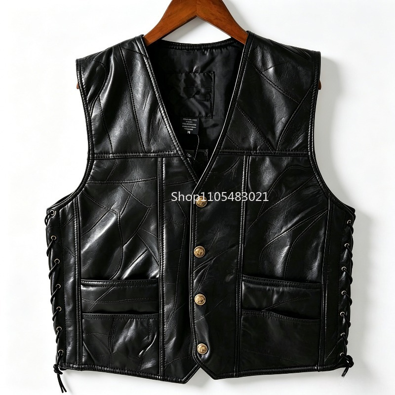 Leather Motorcycle Jacket Biker - سترة جلدية سوداء للرجال بتصميم مرقع،