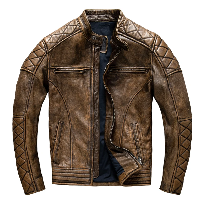 Leather Motorcycle Jacket Biker - جاكيت جلد رجالي عتيق باللون الأصفر
