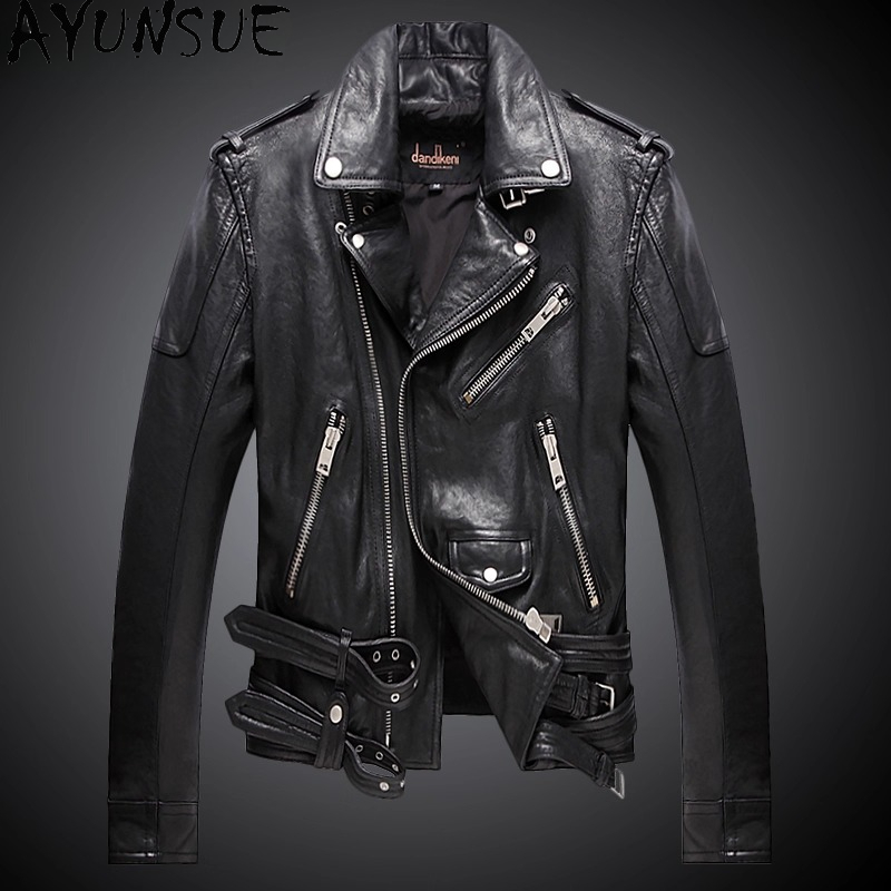 AYUNSUE جلد الغنم الحقيقي 100% - مراجعة Leather Motorcycle Jacket Biker وسعره