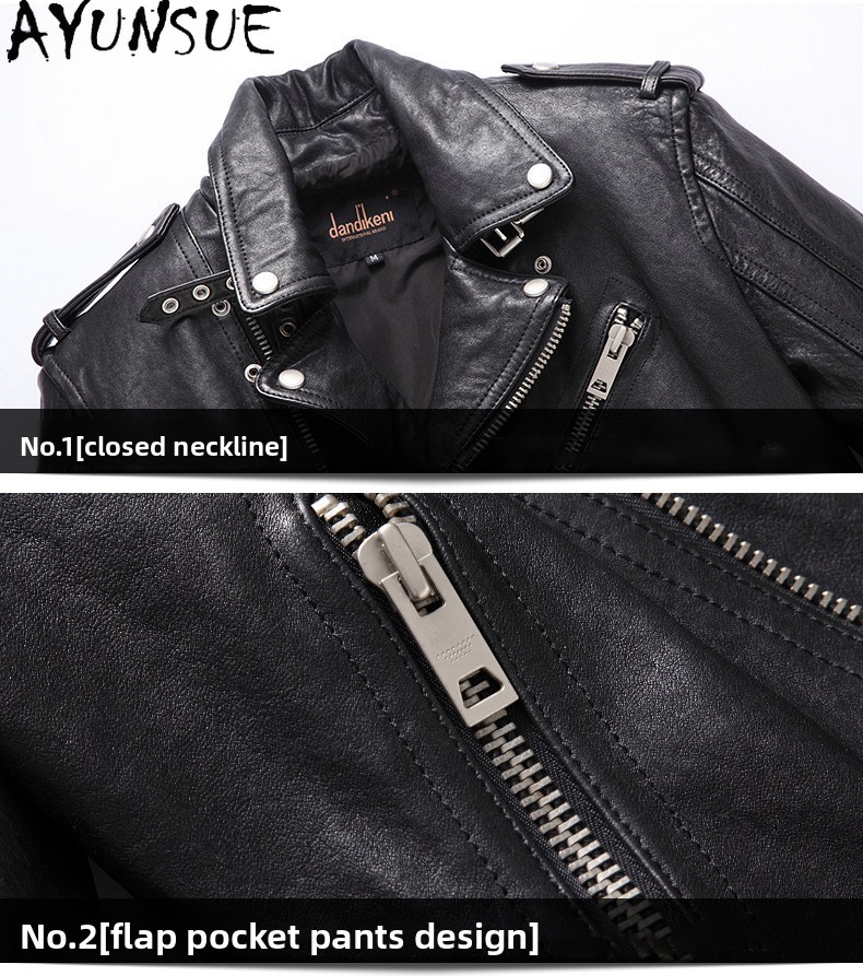 AYUNSUE جلد الغنم الحقيقي 100% - مراجعة Leather Motorcycle Jacket Biker وسعره