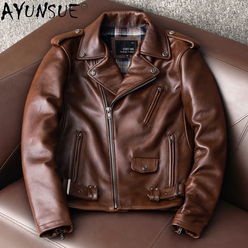 AYUNSUE-سترة من جلد البقر الحق - مراجعة Leather Motorcycle Jacket Biker وسعره
