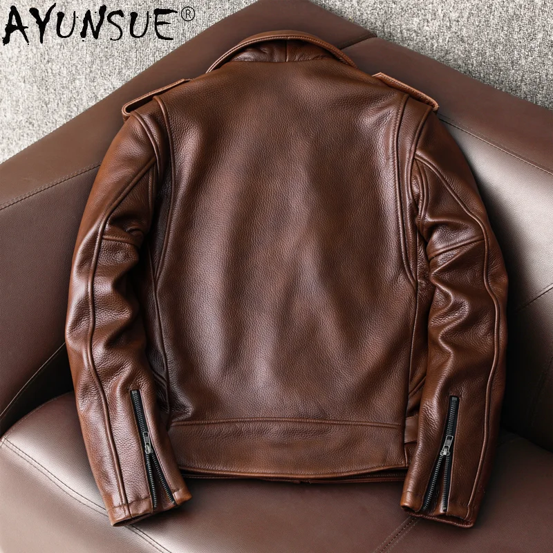 AYUNSUE-سترة من جلد البقر الحق - مراجعة Leather Motorcycle Jacket Biker وسعره