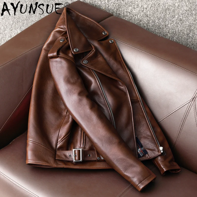 AYUNSUE-سترة من جلد البقر الحق - مراجعة Leather Motorcycle Jacket Biker وسعره