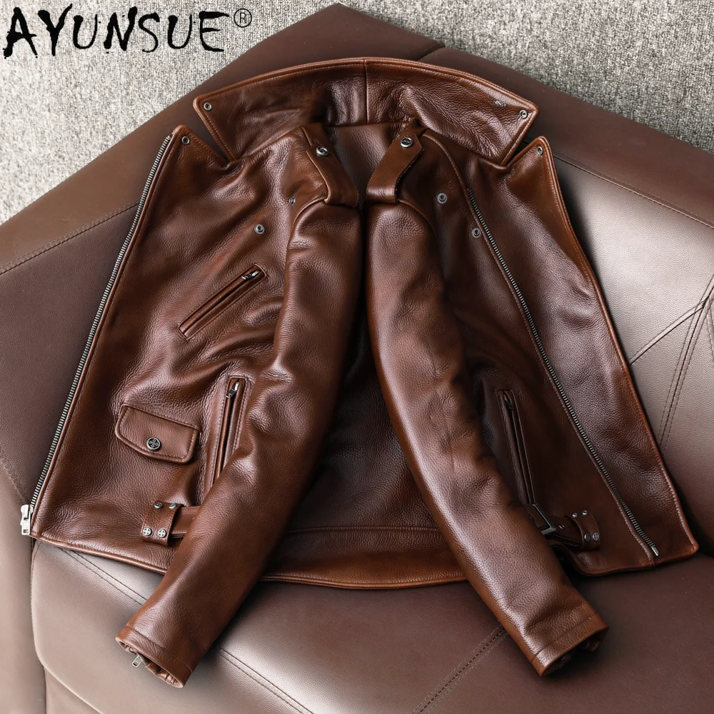 AYUNSUE-سترة من جلد البقر الحق - مراجعة Leather Motorcycle Jacket Biker وسعره